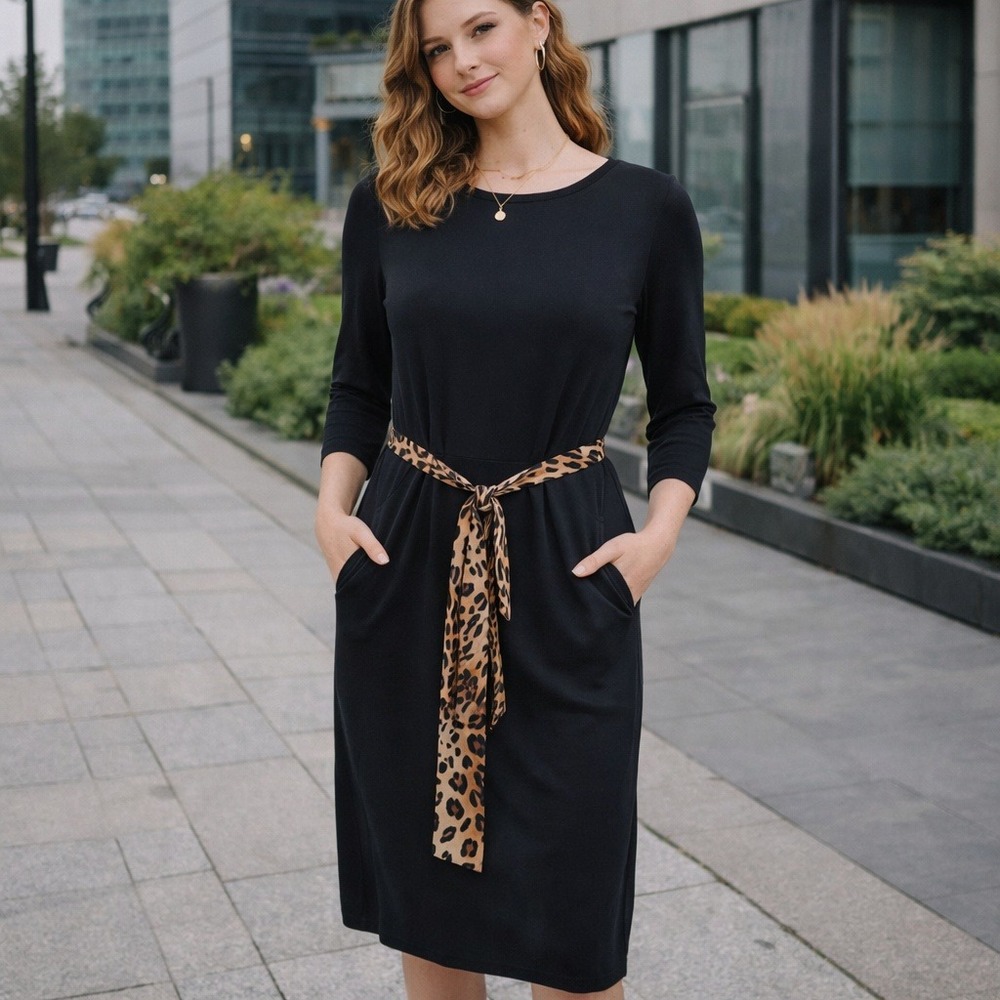Zara Midi Dress Womens‎ Medium Black Contemporary Leopard Print Belt Pockets